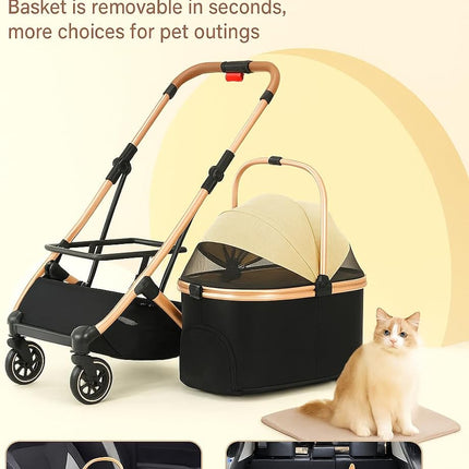 Folding Dog Stroller for Pet Travel – Lightweight 4-Wheel Suspension Pet Pram with Safety Belt, Detachable Carrier & Removable Storage Baske