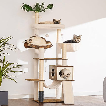 Heybly Wood Cat Tree for Indoor Cats, Cat Condo for Large Cats with Self Groomer,Rustic Brown HCT120SR