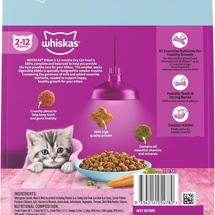 WHISKAS 2-12 Months Kitten Dry Cat Food Chicken & Tuna 800g Bag, 6 Pack