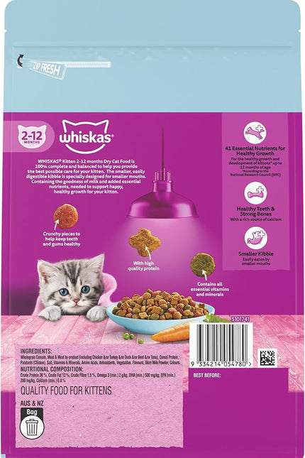 WHISKAS 2-12 Months Kitten Dry Cat Food Chicken & Tuna 800g Bag, 6 Pack