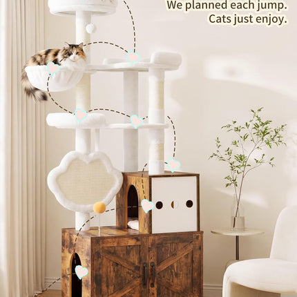 Heybly Cat Tree with Litter Box Enclosure, Modern 162cm Hidden Cat Tower for Indoor Cats, All-in-One Solid Wood Cat Condo with Paw-Shaped Board, Multi-Level Perch & Playzone, Rustic Brown HCT105SR