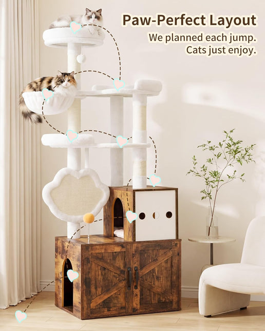 Heybly Cat Tree with Litter Box Enclosure, Modern 162cm Hidden Cat Tower for Indoor Cats, All-in-One Solid Wood Cat Condo with Paw-Shaped Board, Multi-Level Perch & Playzone, Rustic Brown HCT105SR