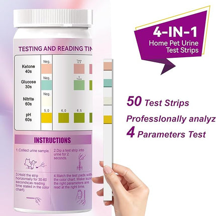 Dog & Cat Urine Test Strips, 4-in-1 Pet Urinalysis Testing Kit for Ketone, Glucose, pH and Nitrite, Reagent Strips for Vet Diabetes & UTI Monitor, 50ct Urine Test Kit Easy to Use at Home