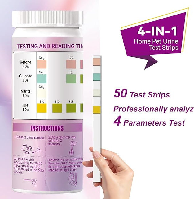 Dog & Cat Urine Test Strips, 4-in-1 Pet Urinalysis Testing Kit for Ketone, Glucose, pH and Nitrite, Reagent Strips for Vet Diabetes & UTI Monitor, 50ct Urine Test Kit Easy to Use at Home