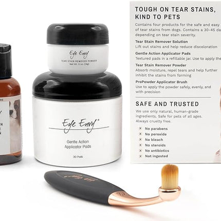 Eye Envy Dog Tear Stain Remover Starter Kit with ProPowder Brush | Stain Solution, Applicator Pads, Stain Powder and Small Applicator Brush | Lasts 30-45 Days