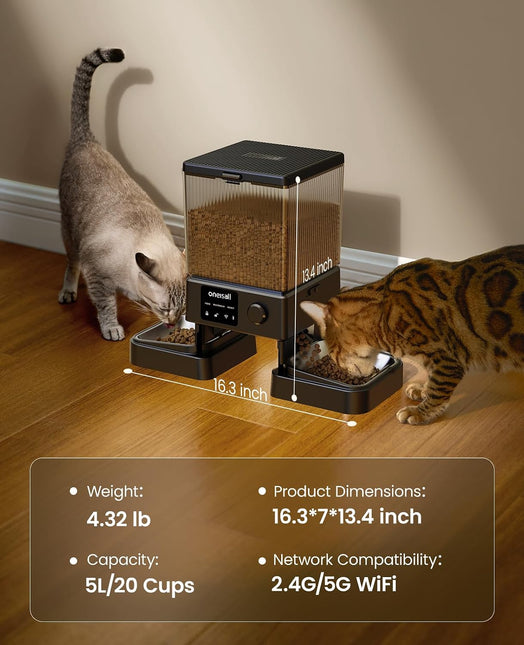 oneisall 5G WiFi Automatic Cat Feeder for 2 Cats, App Control, 20 Cups/5L