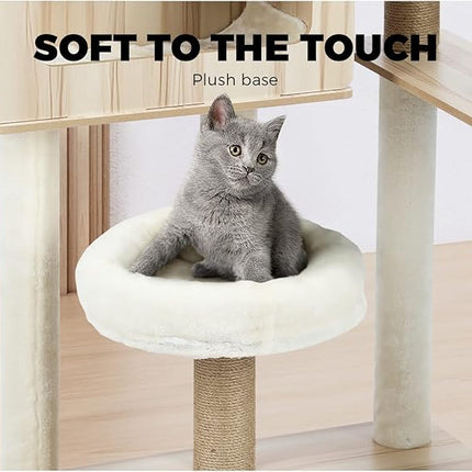 Cat Tree with Cat Scratching Post Pole Sisal Scratcher Cat Tower Dens Condo Kitty Dens Activity Stand Safe Hideaway 142cm Height,Beige