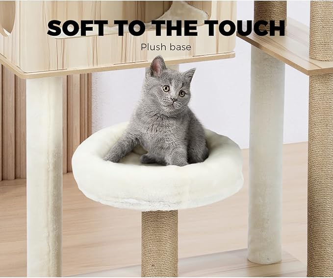 Cat Tree with Cat Scratching Post Pole Sisal Scratcher Cat Tower Dens Condo Kitty Dens Activity Stand Safe Hideaway 142cm Height,Beige