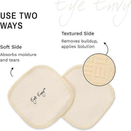 Eye Envy Washable Reusable Applicator Pads. 15 Count. Use with Tear Stain Solution. Machine Washable. Large Size. Mesh Bag for Storage and Washing. Gentle Exfoliating Texture