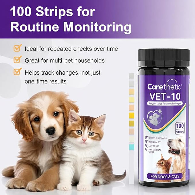Carethetic Pet Urine Test Strips for Dogs & Cats, 10-Parameter Urinalysis Test Kit, 100 Reagent Strips for At-Home Urine Health Screening, Fast Results, Easy to Use