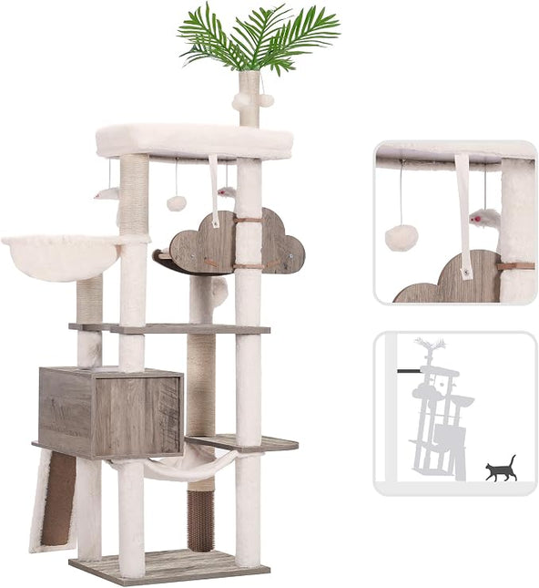 Heybly Wood Cat Tree for Indoor Cats, Cat Condo for Large Cats with Self Groomer,Gray HCT120SG