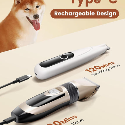 PAPMINI 2 in 1 Dog Grooming Kit, Low Noise Rechargeable Dog Clippers for Grooming