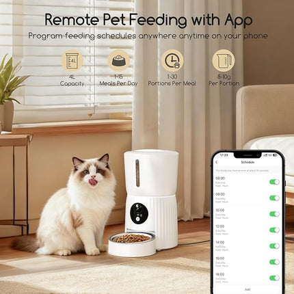 Faroro Automatic Cat Feeder with WiFi, 1080P HD Video Cat Food Automatic with Night Vision, 4L Feeder for Cats/Dogs with Two-Way Audio, App Control, Double Force (White)