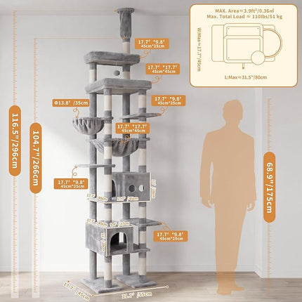 Heybly Floor to Ceiling Cat Tree, Large Cat Tower, 2 Cat Condos,Light Gray