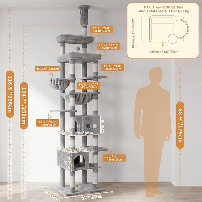 Heybly Floor to Ceiling Cat Tree, Large Cat Tower, 2 Cat Condos,Light Gray