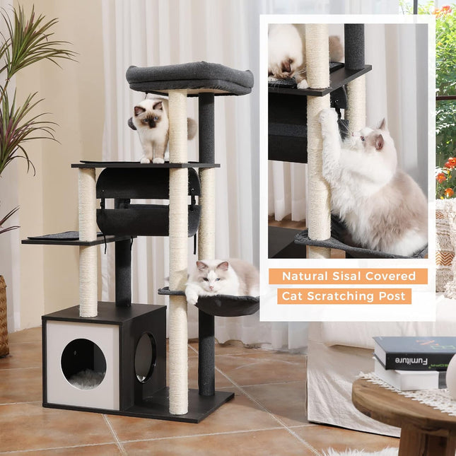 PAWZ Road Cat Tree Cat Scratching Post with a Large Hammock Play Tower, Play Tunnel Wooden Furniture Cat Stand 130cm Grey