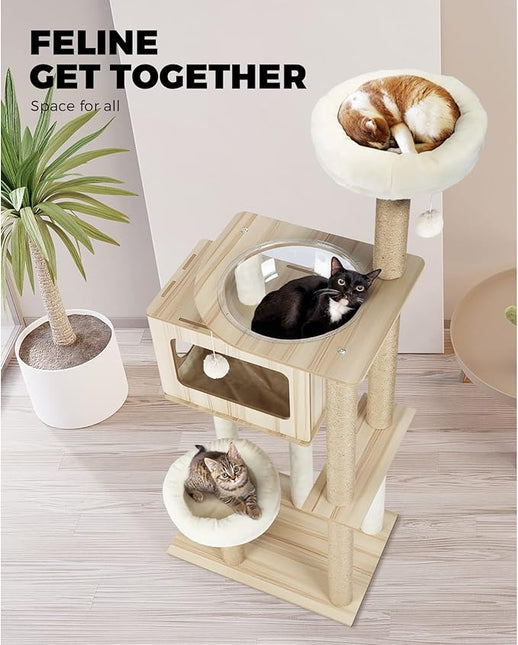 Cat Tree with Cat Scratching Post Pole Sisal Scratcher Cat Tower Dens Condo Kitty Dens Activity Stand Safe Hideaway 142cm Height,Beige