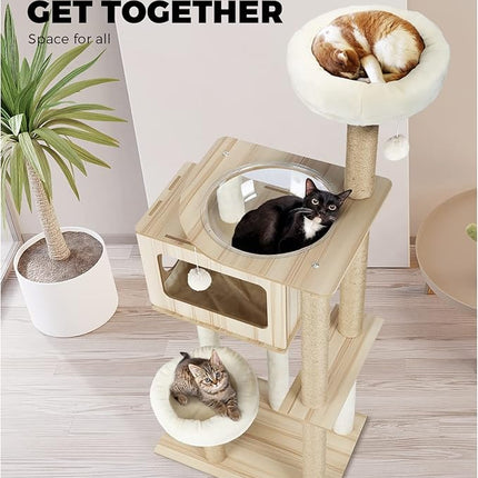 Cat Tree with Cat Scratching Post Pole Sisal Scratcher Cat Tower Dens Condo Kitty Dens Activity Stand Safe Hideaway 142cm Height,Beige