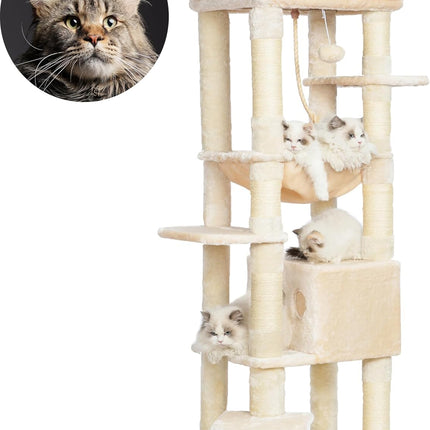Heybly HCT050M Beige Cat Scratching Post with Blankets for Large Cat Scratching Post Large Platforms Cave 50 x 50 x 153cm