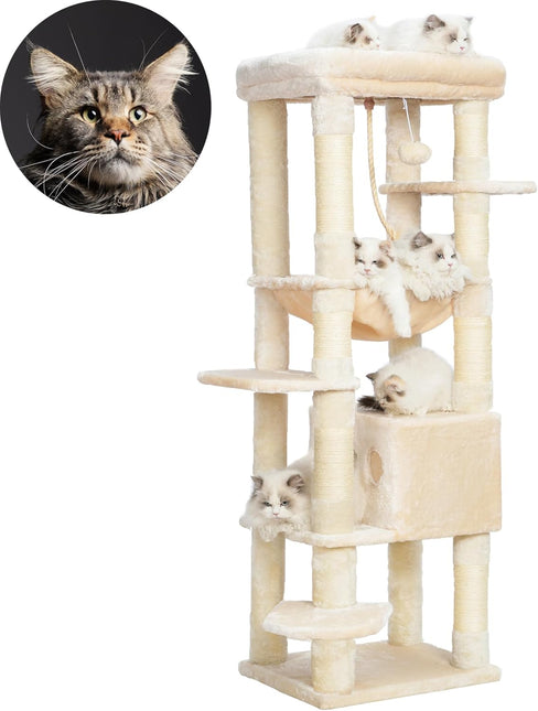 Heybly HCT050M Beige Cat Scratching Post with Blankets for Large Cat Scratching Post Large Platforms Cave 50 x 50 x 153cm