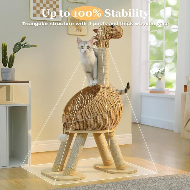 PAWZ Road Dinosaur Cat Tree 46” Cat Scratching Posts with Large Rattan Bed