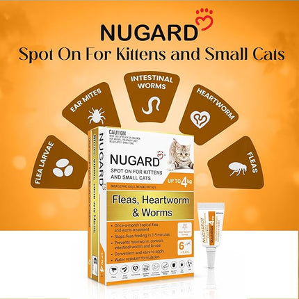 NUGARD Spot On for Kittens and Cats up to 4 kg - Flea & Worm Protection 6-Pack - Vet Recommended Fast-Acting Waterproof Topical Solution with IMIDACLOPRID 100g/L per Carton, MOXIDECTIN 10g/L