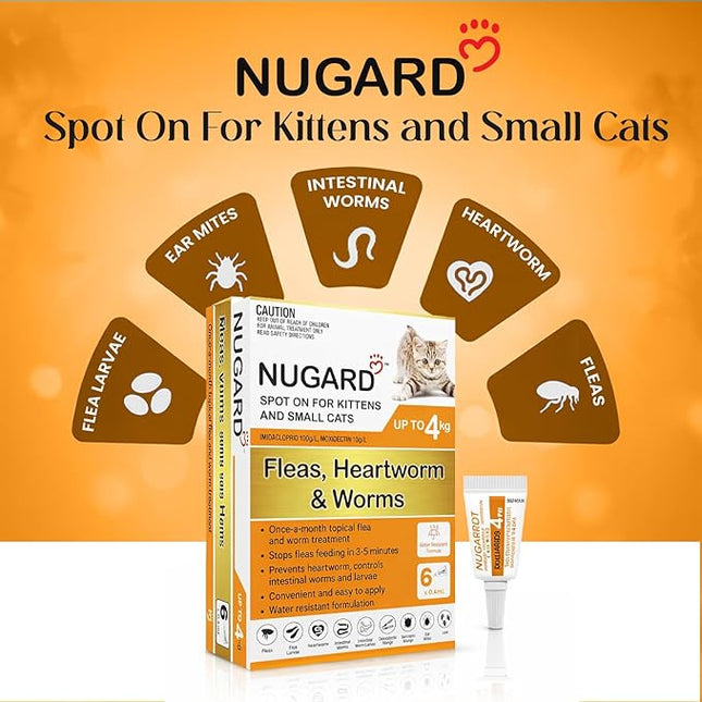 NUGARD Spot On for Kittens and Cats up to 4 kg - Flea & Worm Protection 6-Pack - Vet Recommended Fast-Acting Waterproof Topical Solution with IMIDACLOPRID 100g/L per Carton, MOXIDECTIN 10g/L