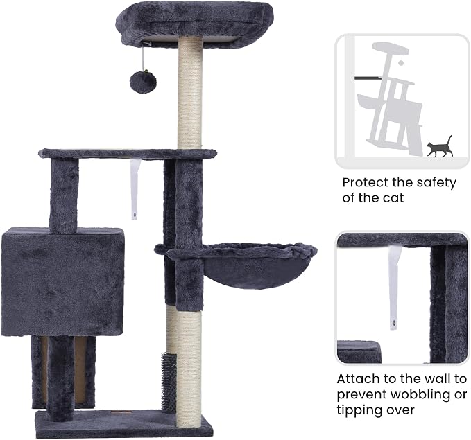 Heybly Cat Tree with Cat Self Groomer Brush, Cat Tower Condo for Indoor Cats , Smoky Gray HCT005SG