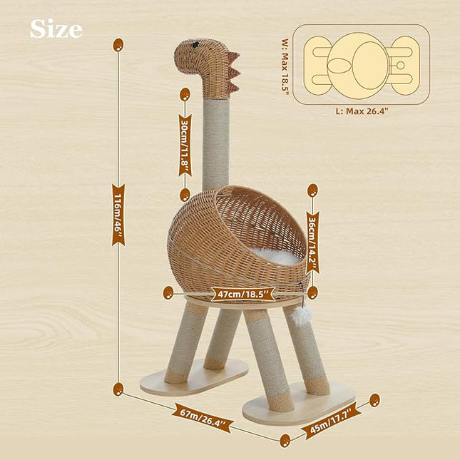 PAWZ Road Dinosaur Cat Tree 46” Cat Scratching Posts with Large Rattan Bed