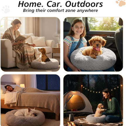 Calming Dog Bed for Dog & Cat - Donut Washable Puppy Bed with Ultra-Plush Support, Fluffy Faux Fur Plush Cushion Beds for Small Medium Dogs (70CM)