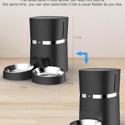 Automatic Cat Feeder, WellToBe Pet Feeder Food Dispenser for Cat & Small Dog with Two-Way Splitter and Double Bowls, up to 6 Meals with Portion Control