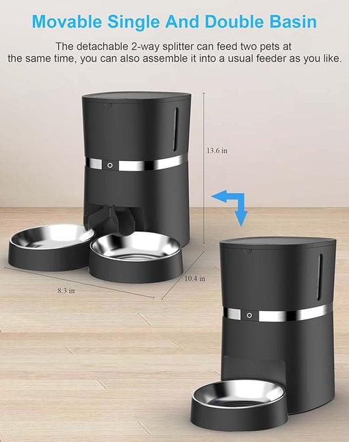 Automatic Cat Feeder, WellToBe Pet Feeder Food Dispenser for Cat & Small Dog with Two-Way Splitter and Double Bowls, up to 6 Meals with Portion Control