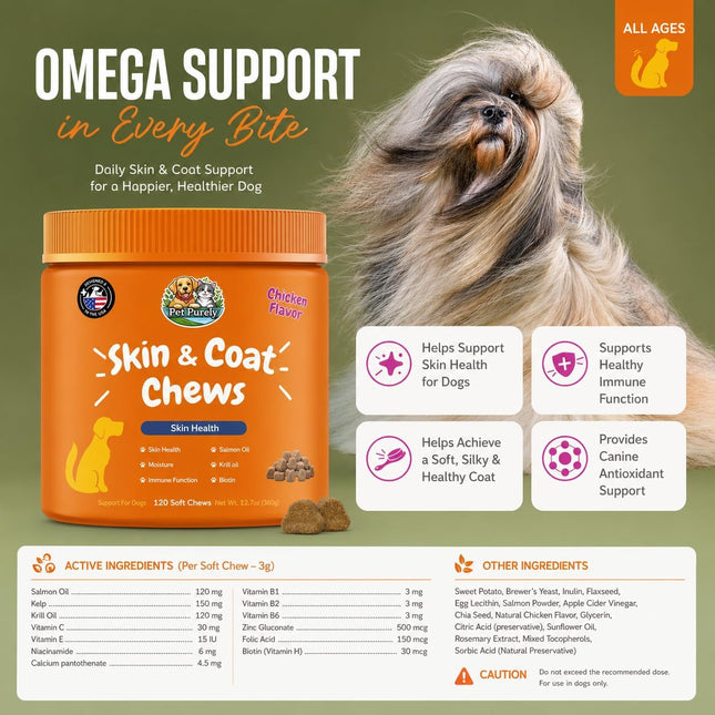 Skin & Coat Chews for Dogs – Omega-3, Salmon Oil, Krill Oil & Biotin,120 Chews