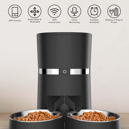 Automatic Cat Feeder, WellToBe Pet Feeder Food Dispenser for Cat & Small Dog with Two-Way Splitter and Double Bowls, up to 6 Meals with Portion Control