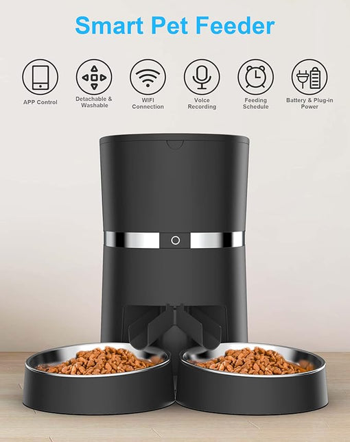 Automatic Cat Feeder, WellToBe Pet Feeder Food Dispenser for Cat & Small Dog with Two-Way Splitter and Double Bowls, up to 6 Meals with Portion Control