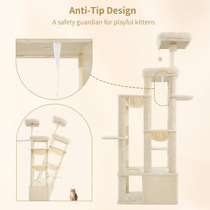 Heybly Cat Tree, 180cm Tall Cat Tower for Large Maine Coon Cats with Extra-Large Baseboard, Beige HCT037M