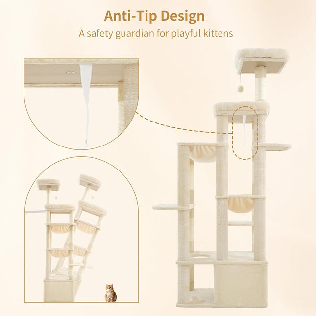 Heybly Cat Tree, 180cm Tall Cat Tower for Large Maine Coon Cats with Extra-Large Baseboard, Beige HCT037M