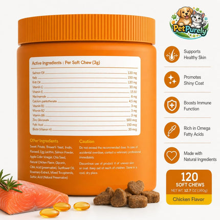 Skin & Coat Chews for Dogs – Omega-3, Salmon Oil, Krill Oil & Biotin,120 Chews