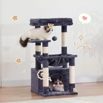 Heybly Cat Tree, Kitten Tower with Large Soft Cat Basket HCT008SG | Cat Condo with Spacious Cat Bed Cave with Hidden Space, Sisal Scratching Posts, Dangling Ball for Indoor Cats, Smoky Gray
