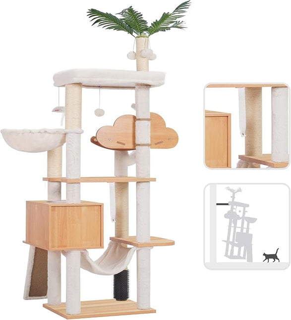 Heybly Wood Cat Tree for Indoor Cats, Cat Condo for Large Cats with Self Groomer,Walnut