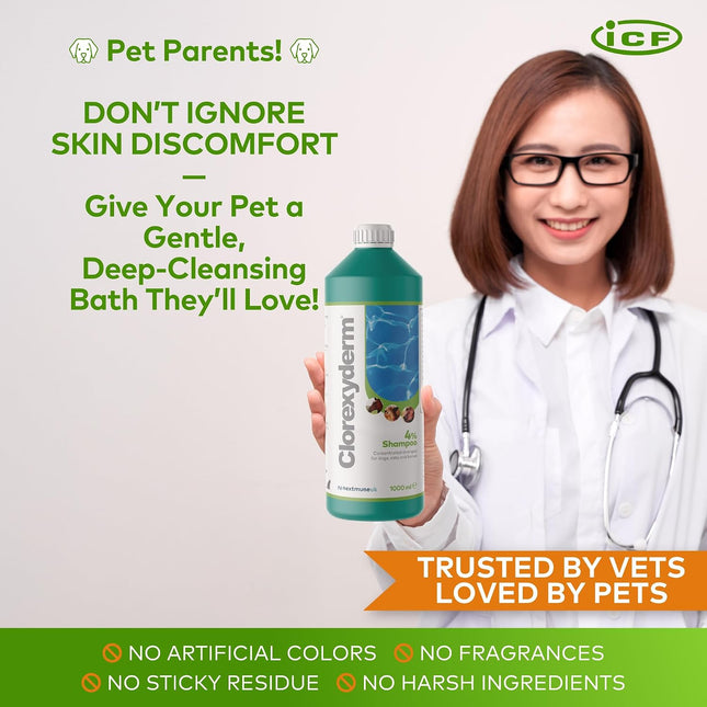 Clorexyderm 4% Chlorhexidine Dog Shampoo, Deep Cleansing Coat Wash, 1000 ml