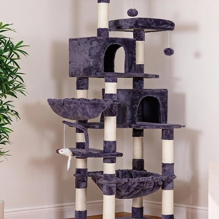 Heybly Cat Tree with Toy,70 inches Cat Tower condo for Indoor Cats, Cat House with Padded Plush Perch, Cozy Hammock and Sisal Scratching Posts, Smoky Gray HCT032G