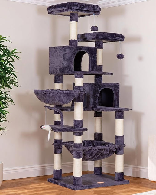 Heybly Cat Tree with Toy,70 inches Cat Tower condo for Indoor Cats, Cat House with Padded Plush Perch, Cozy Hammock and Sisal Scratching Posts, Smoky Gray HCT032G