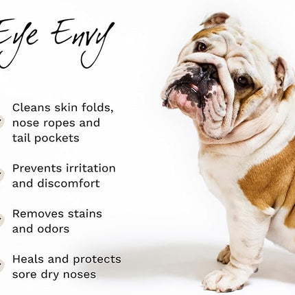 Eye Envy Bulldog Wrinkle Cleaner & Nose Care Kit. Bulldog Wrinkle Wipes, Tear Stain Powder, Applicator Brush & Dog Nose Balm. Cleans Skin Folds. Removes Stains. Helps Cracked Noses. Made in USA