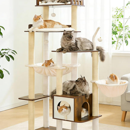 Heybly Cat Tree, 70.5 Inch Wood Tall Cat Tower for Large Indoor Cats with Extra , Rustic Brown