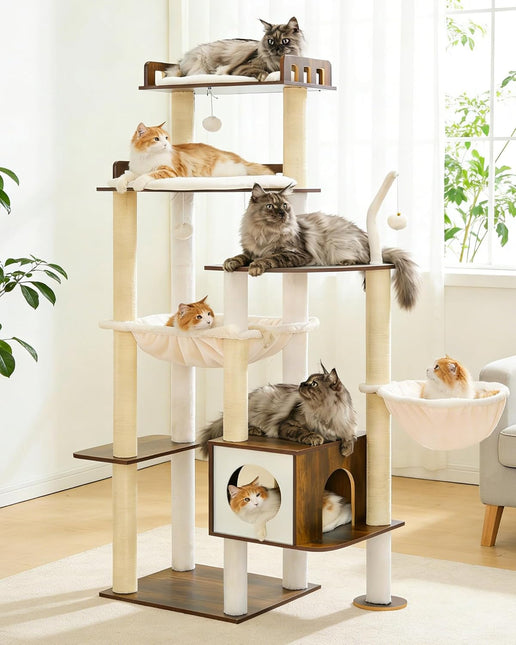 Heybly Cat Tree, 70.5 Inch Wood Tall Cat Tower for Large Indoor Cats with Extra , Rustic Brown