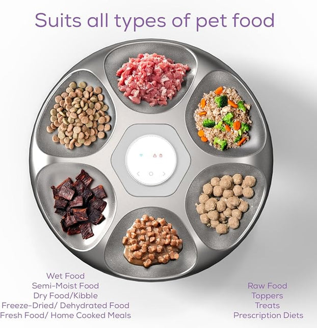 Original Pawtomate Smart Serve Gourmet – Wet Food Automatic Feeder, WiFi & App-Controlled Timed Pet Feeder, Dry/Wet Food, 6 Bowl Stainless Steel Tray, Rechargeable Battery, Ice Packs – For Cats & Dogs