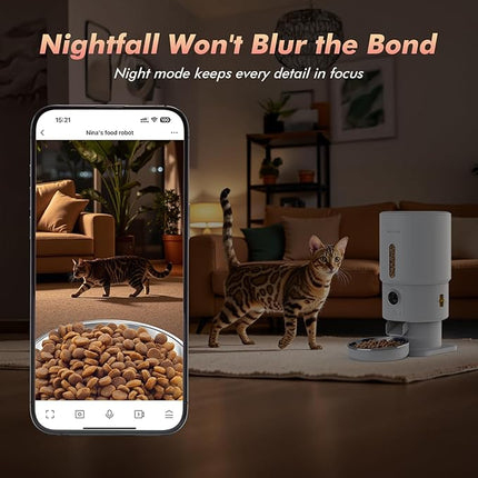 Nityers Automatic Cat Feeder with Camera, 5G WiFi Automatic Dog Feeder, Up to 15mm Kibbles, 5L Large Capacity, 1080P HD