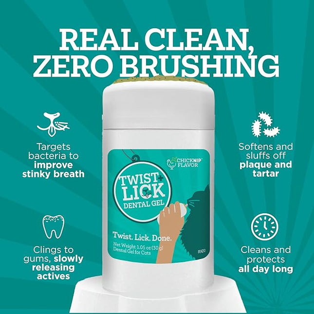 Twist + Lick Dental Gel for Cats, Cleans Teeth and Freshens Breath for 24 Hours, Cat Nip Flavor, 30 Day Supply