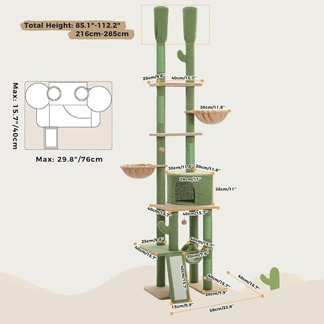 PAWZ Road Adjustable Cactus Cat Tree 85–112" 7-Tier Floor-to-Ceiling Tower